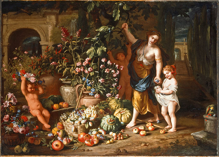 Christie's — Brueghel Abraham; Vaccaro Nicola - sec. XVII - Natura morta con frutta, vasi di fiori e figure — insieme